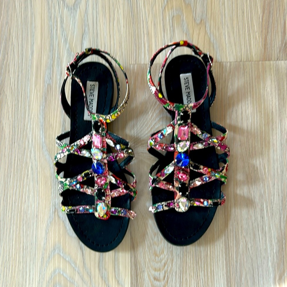 Bling on flowered fabric sandals by Steve Madden